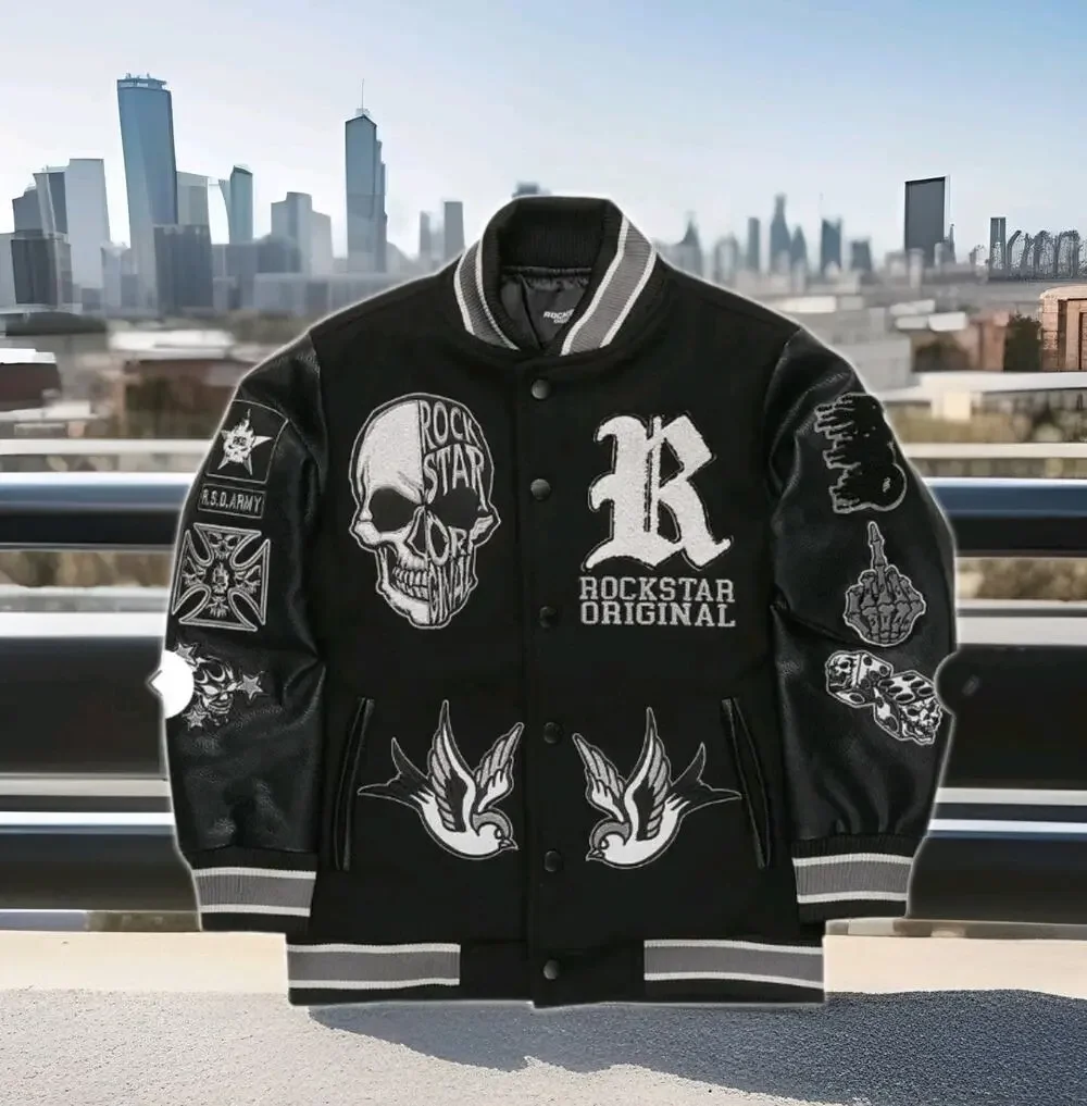 NWT! Rockstar Original YOUTH Boys Vidar Black Varsity Bomber Jacket SZ 6/7 $165